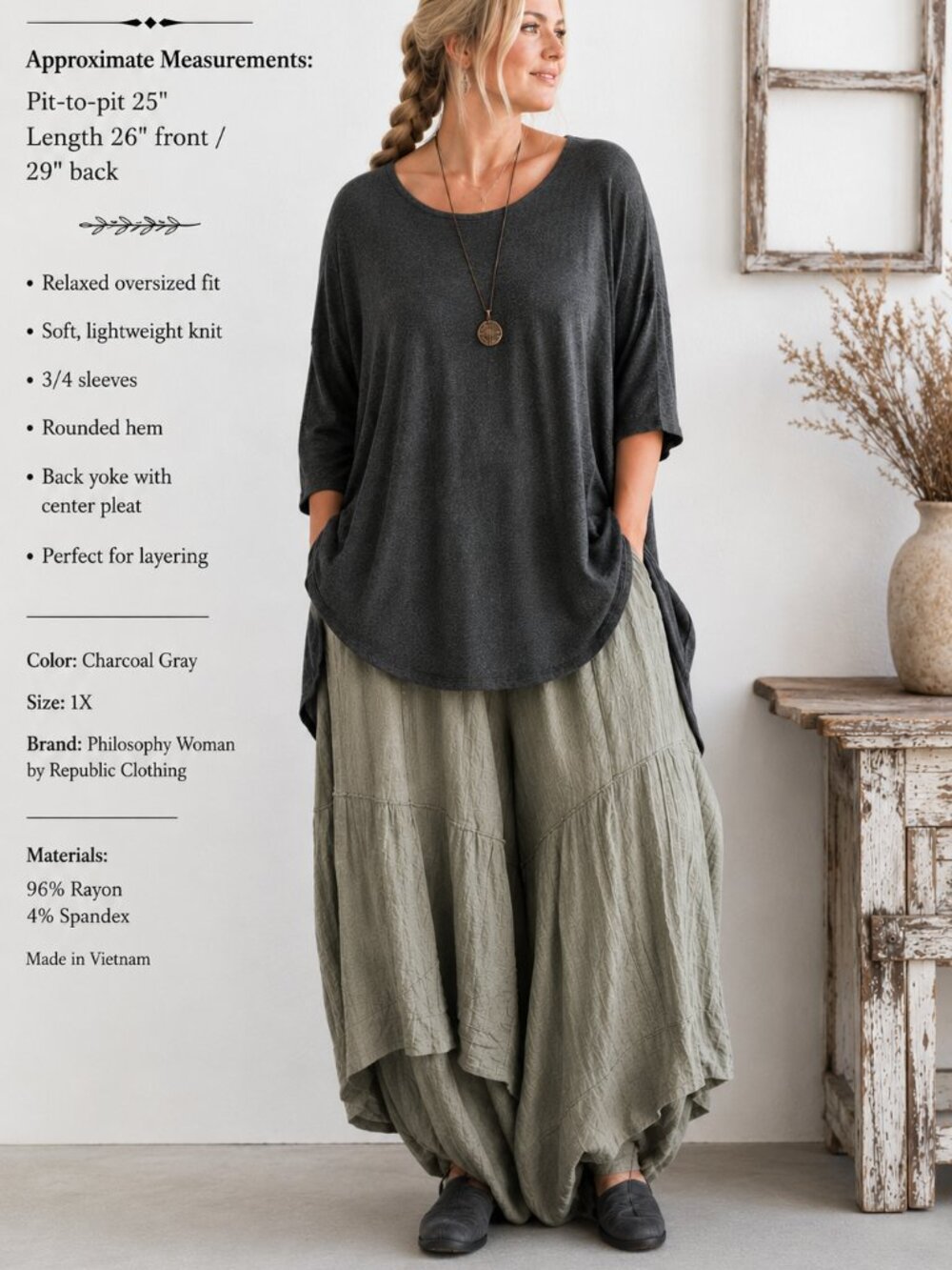 Philosophy Woman 1X Gray Draped Tunic Top Oversized Artsy lagenlook